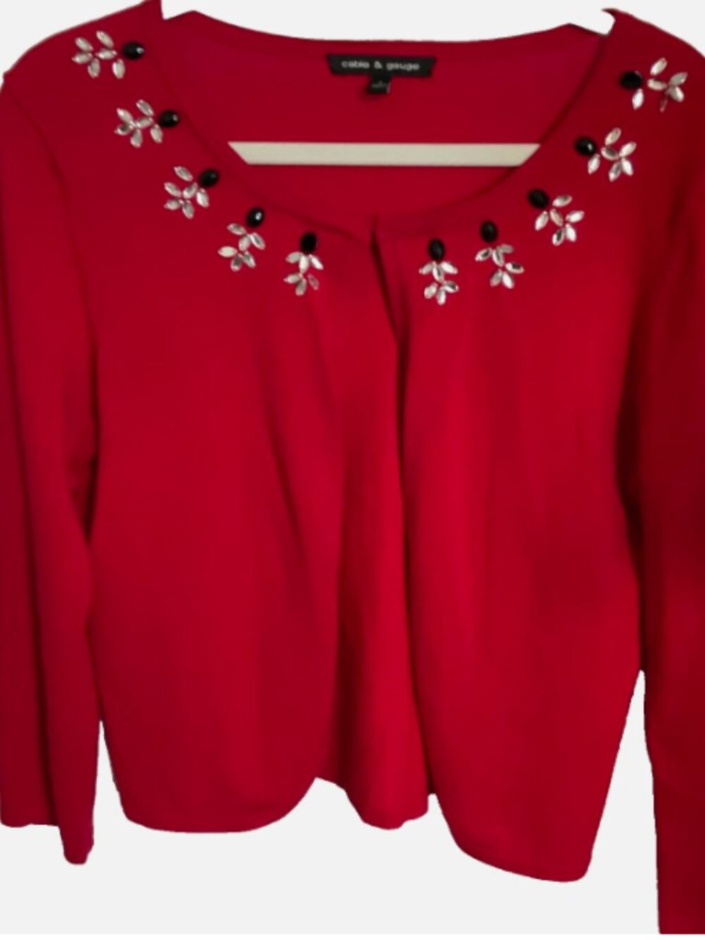 Cable Gauge Embellished Cardigan Red 3/4 Sleeve Sweater Shrug Rhinestones, Small